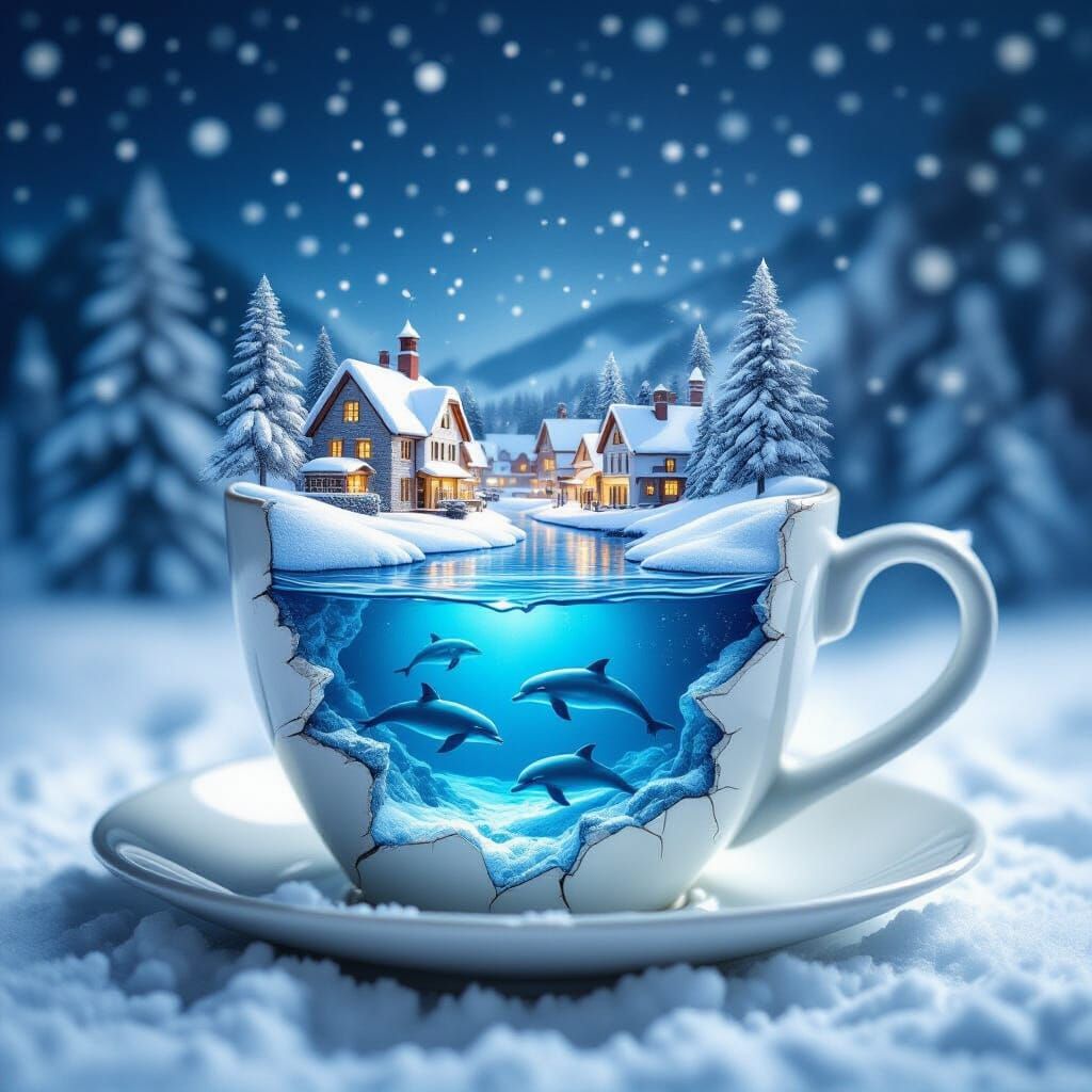Snowy Village and Dolphins in Coffee Cup