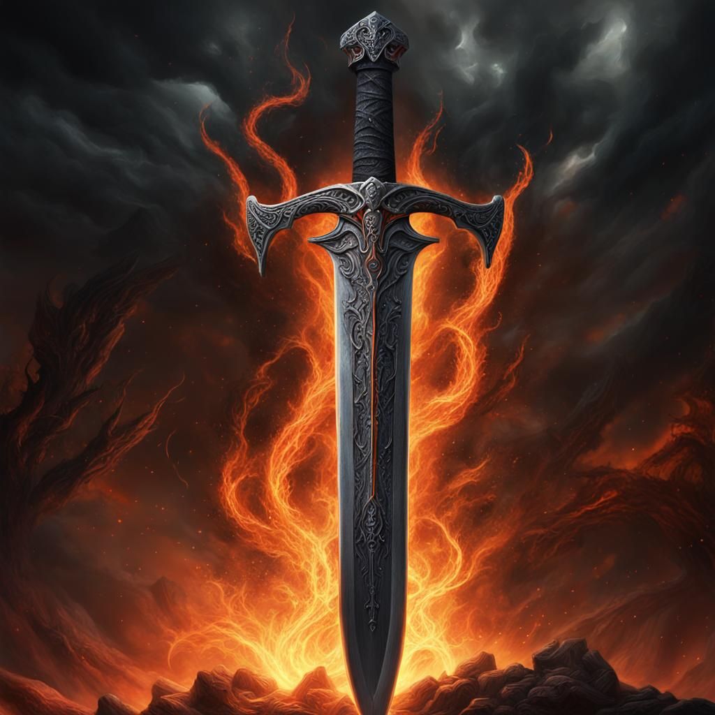 Cursed Sword Engulfed in Flames: Dark Fantasy Art