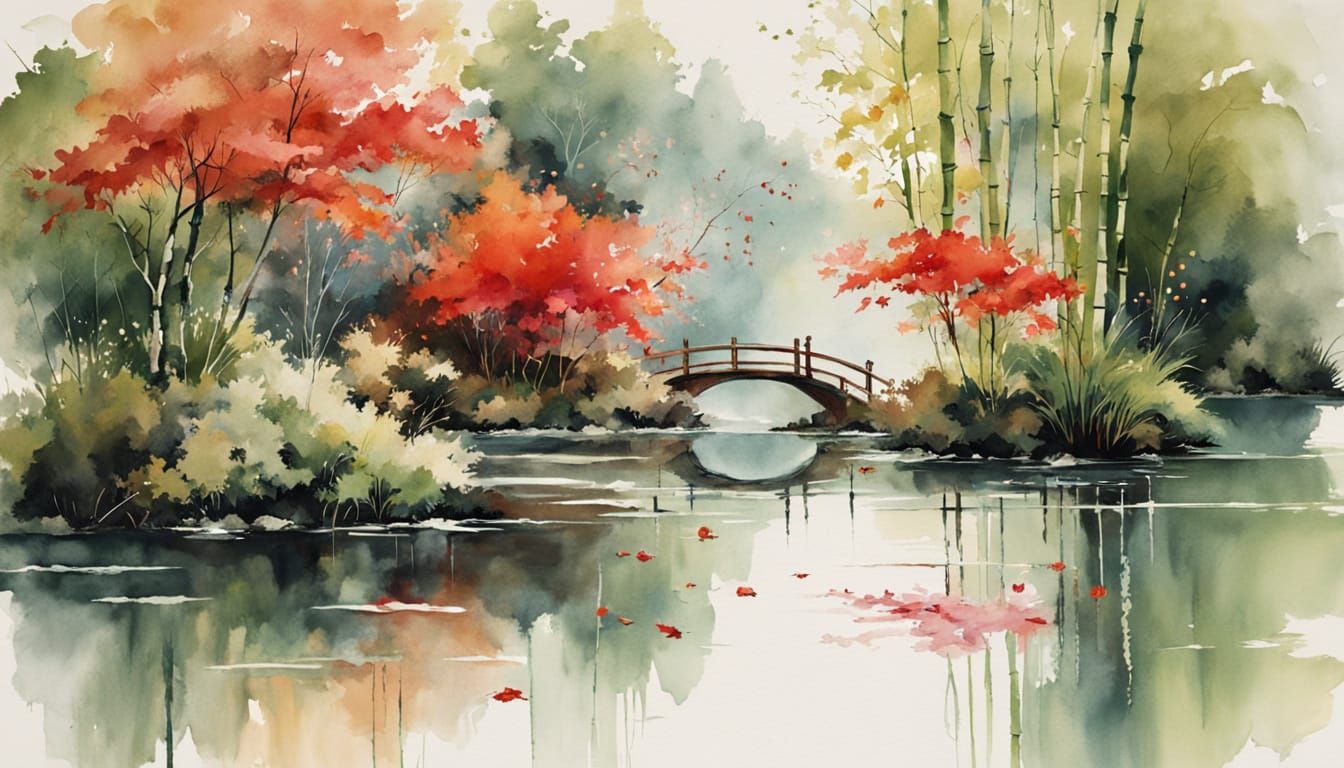 Zen Garden with Maple and Koi in Watercolor Style
