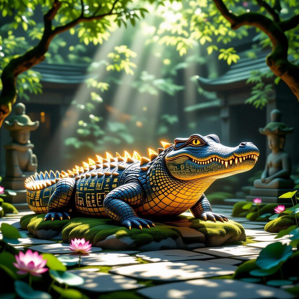 Glowing Glyph Alligator Guardian in Ancient Temple Garden
