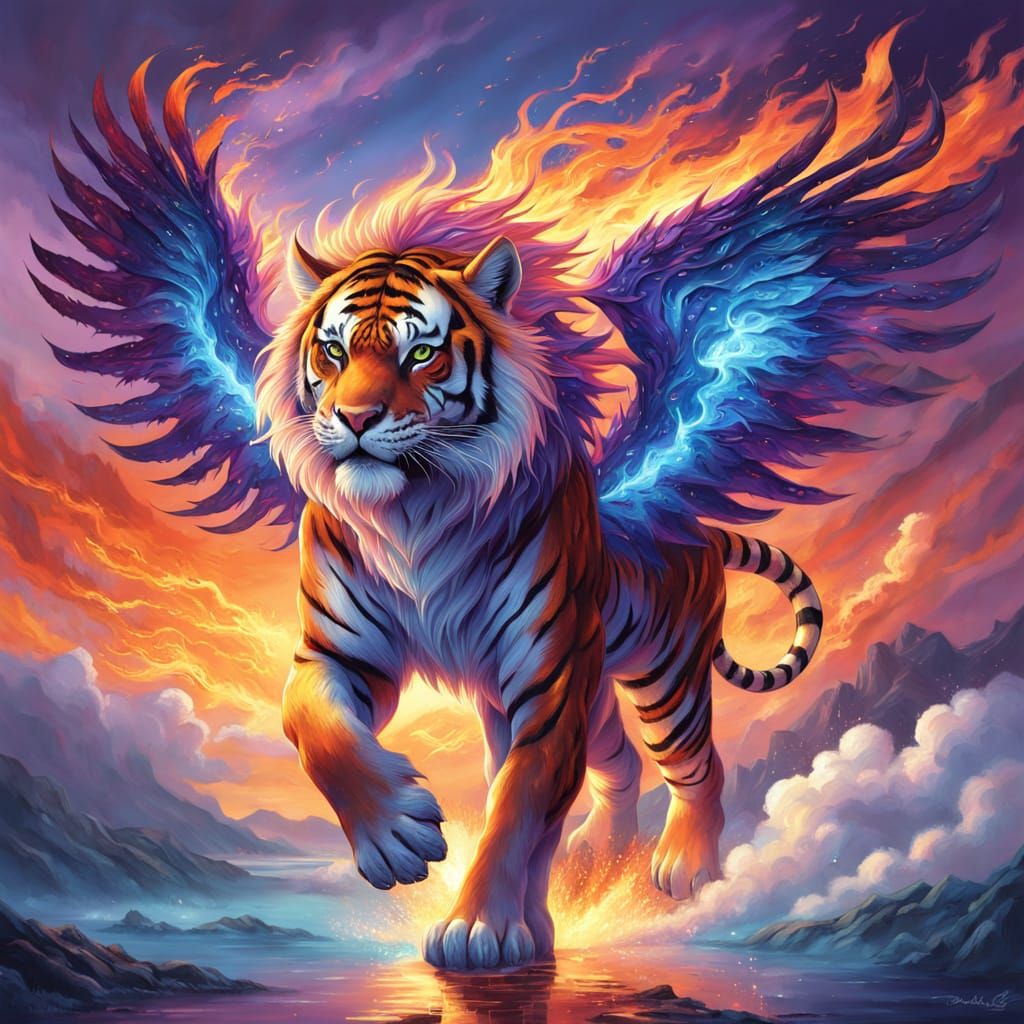 Fiery Tiger Soars Against Vibrant Sunset