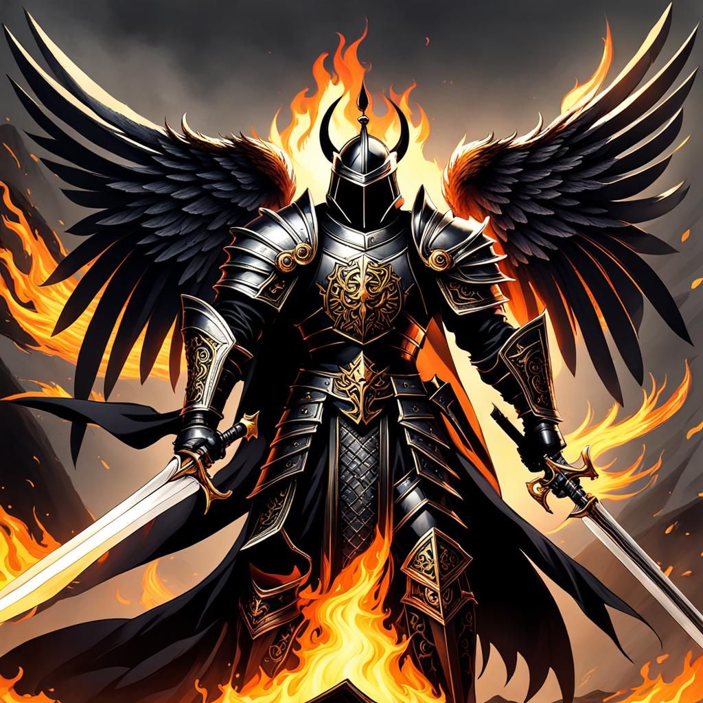 Angel Knight in Black Armor with Fiery Swords