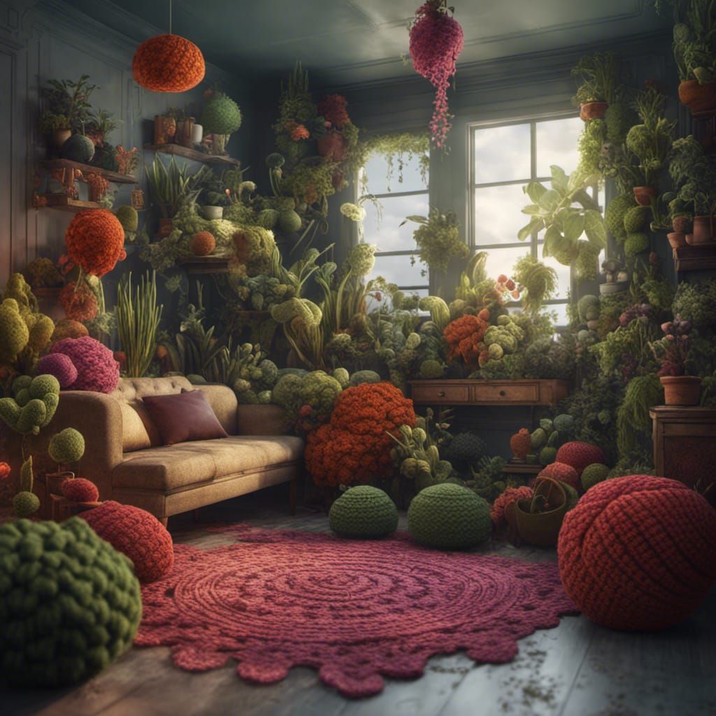 Room Full of Crochet Plants in Detailed Matte Painting