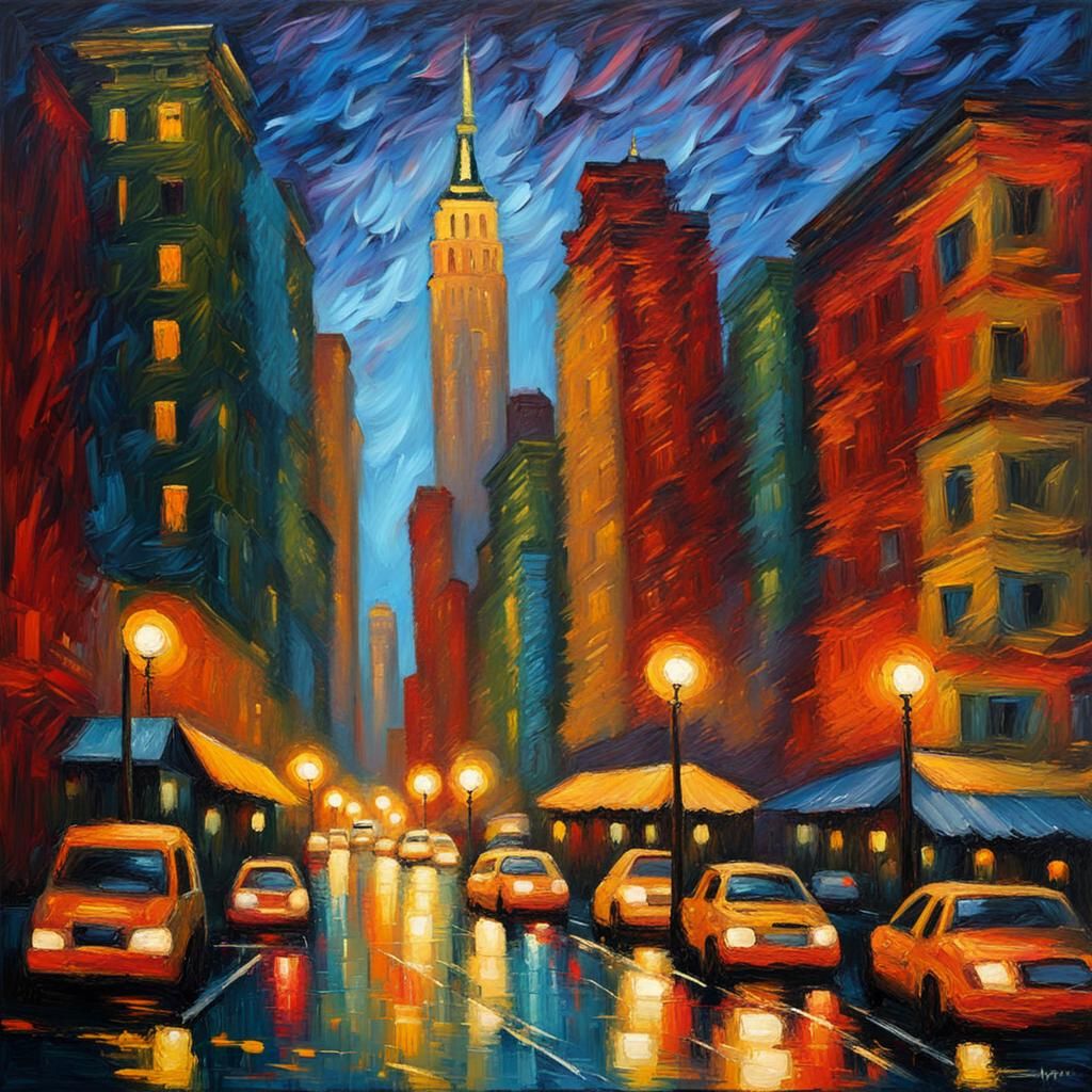 Manhattan Cityscape at Night in Expressionist Oil