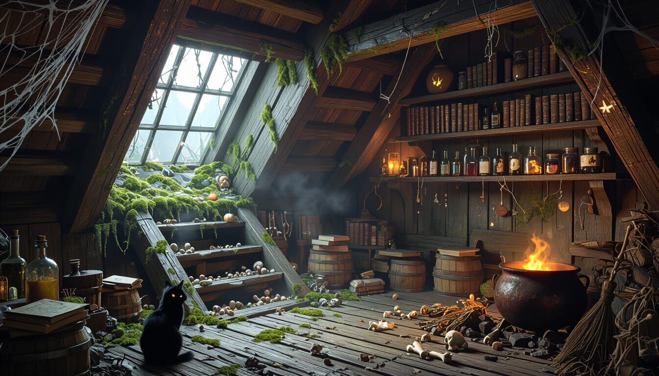Witch's Hut Interior: Eerie Halloween Ambiance in Dim Light