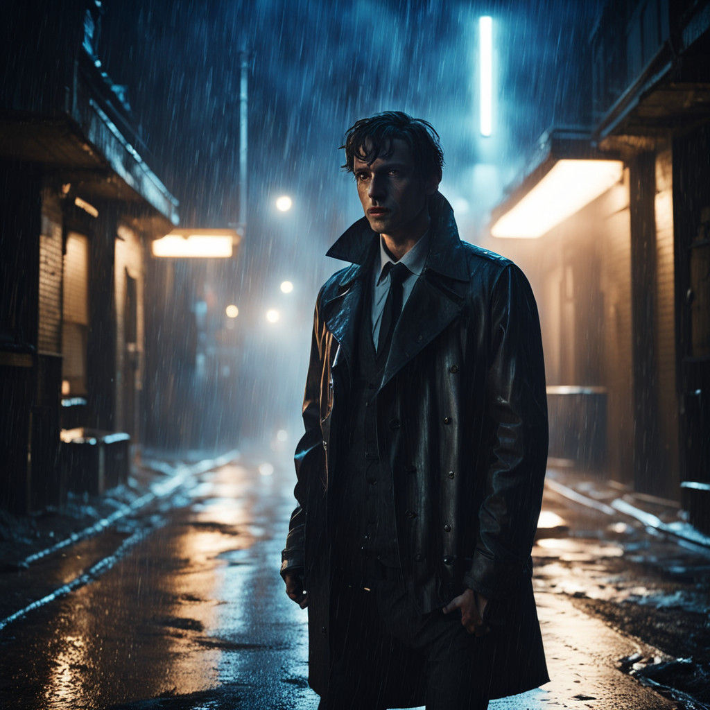 Brooding Anti-hero in Rainy City Alleyway