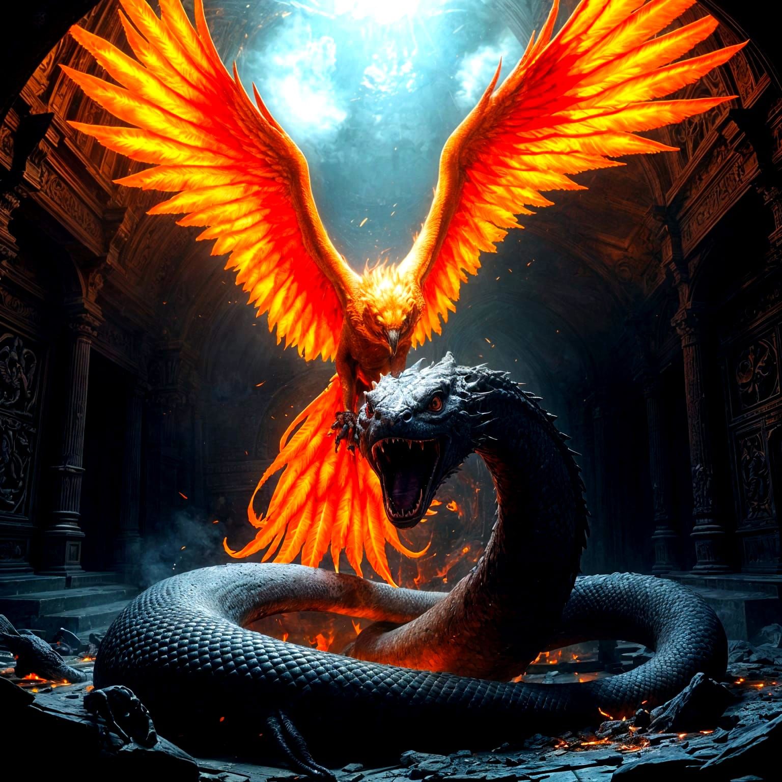 Dark Fantasy Masterpiece: Phoenix Battles Serpent in Ancient...