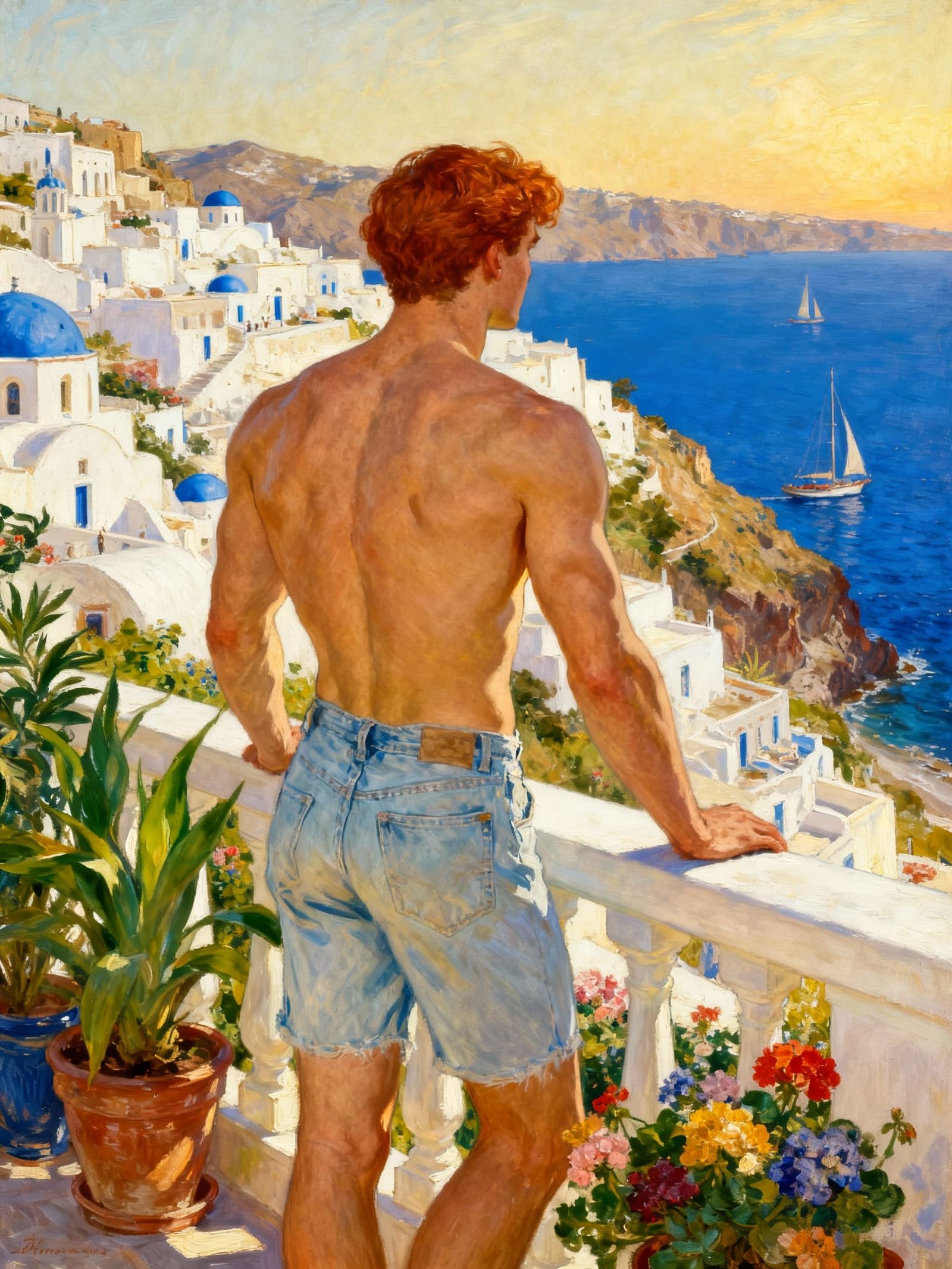 Man Gazes at Greek Island Town from Balcony