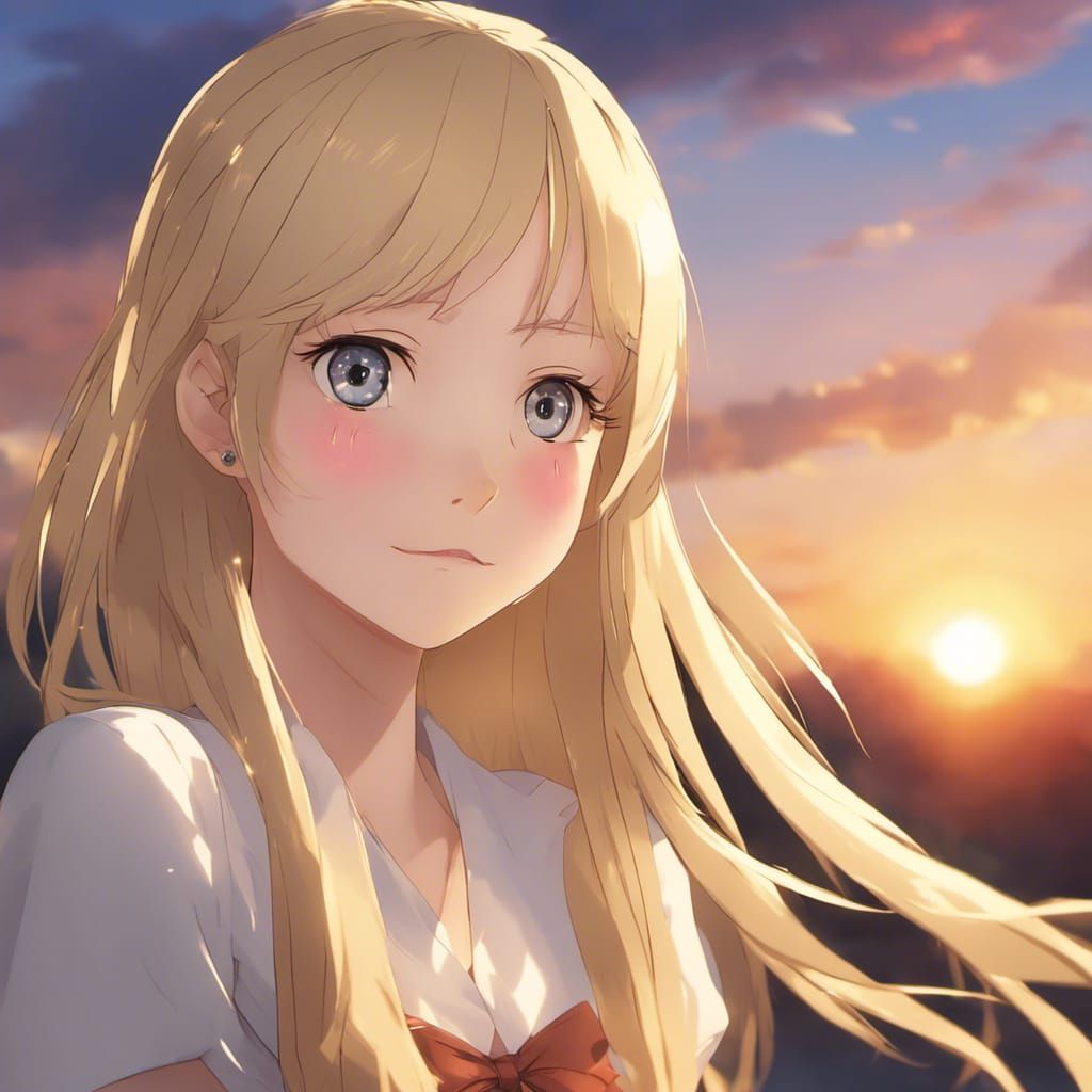 Elegant Anime Woman at Sunset, Ghibli Style