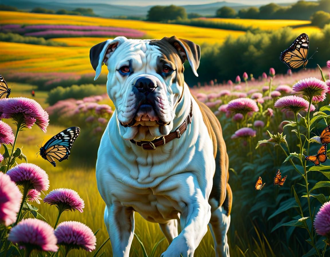 Brindle American Bulldog in Field of Flowers