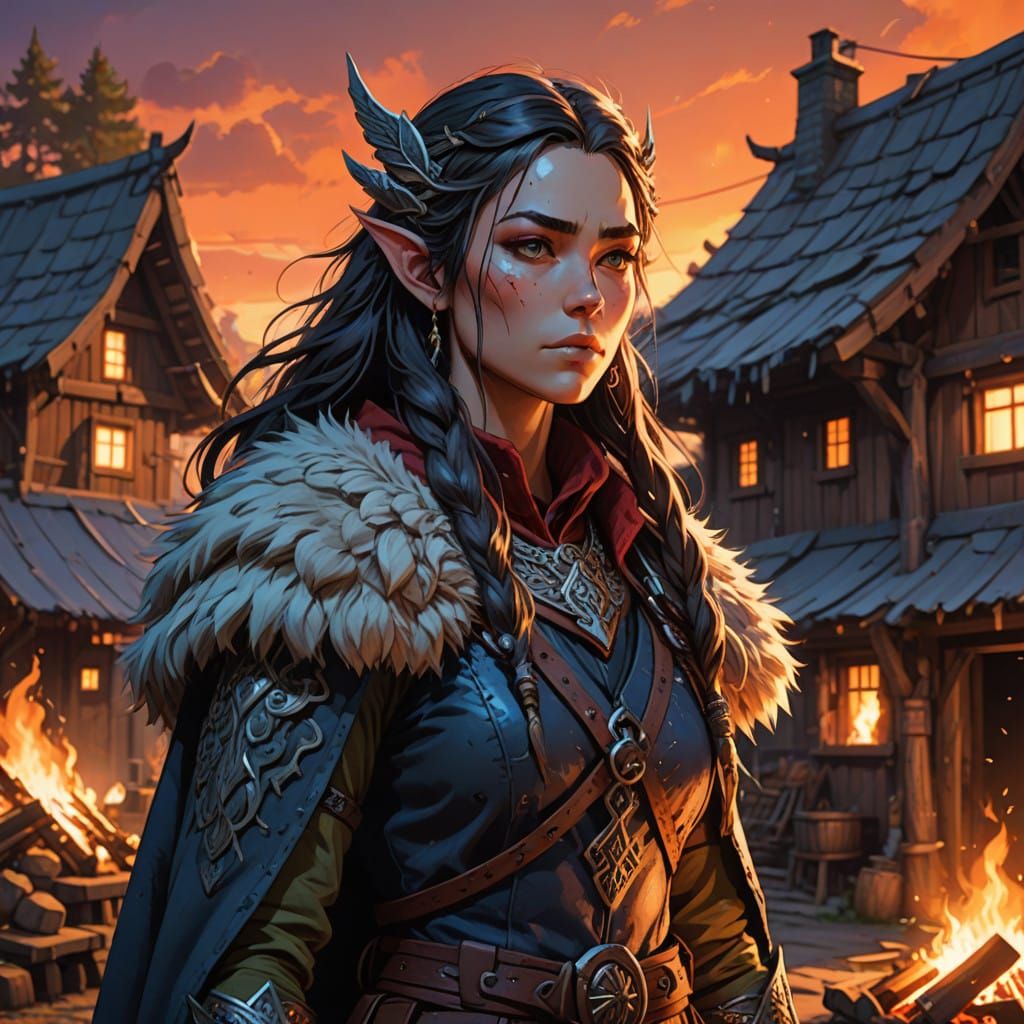 Majestic Half-Elven Barbarian in Sunset Village Camp