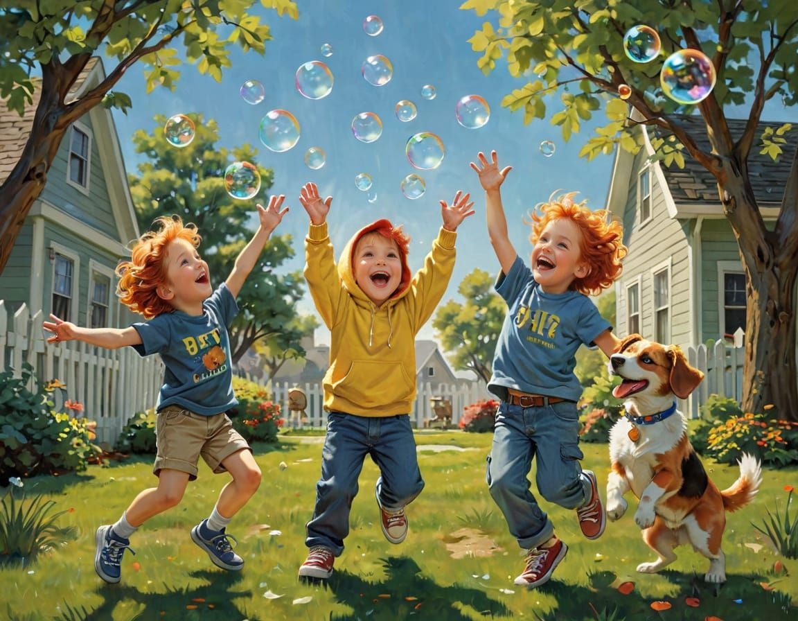 Children Playing with Bubbles in Rockwell Style