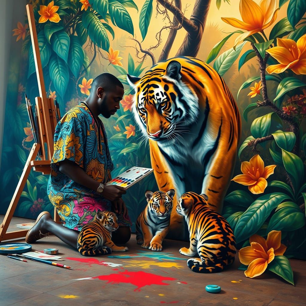 Hyperrealistic Art of a Tiger Mother and Cubs in a Vibrant J...