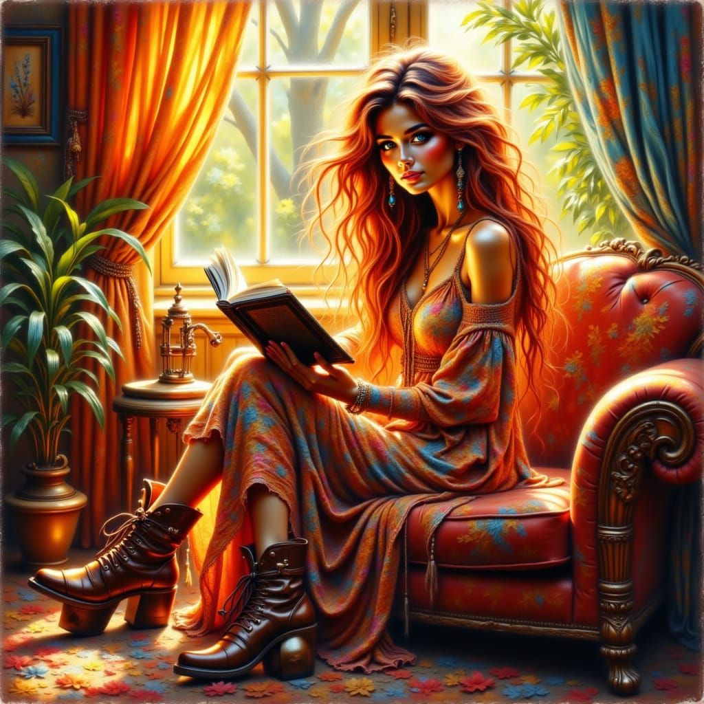 Woman Reading by Sunlit Window in Impasto Style