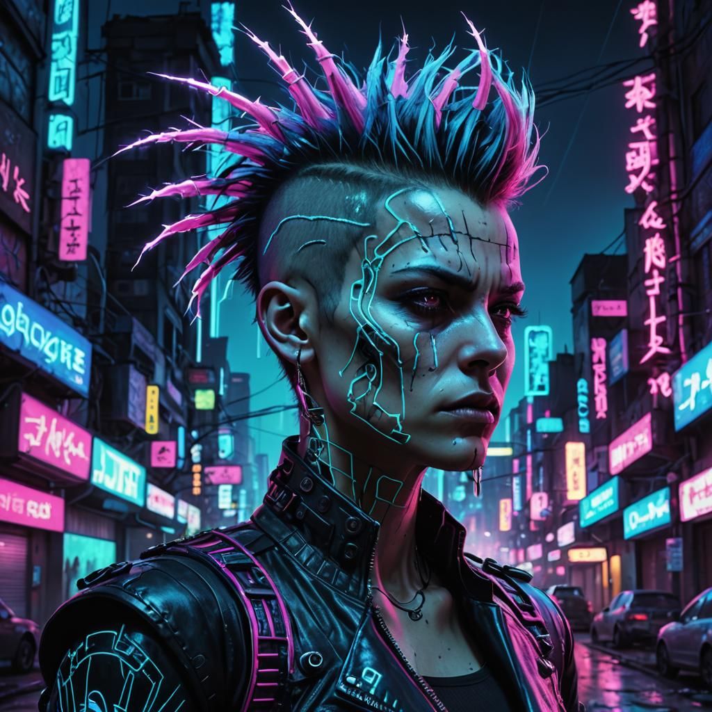 Cyberpunk Punk Agony with Bioluminescent Tendrils