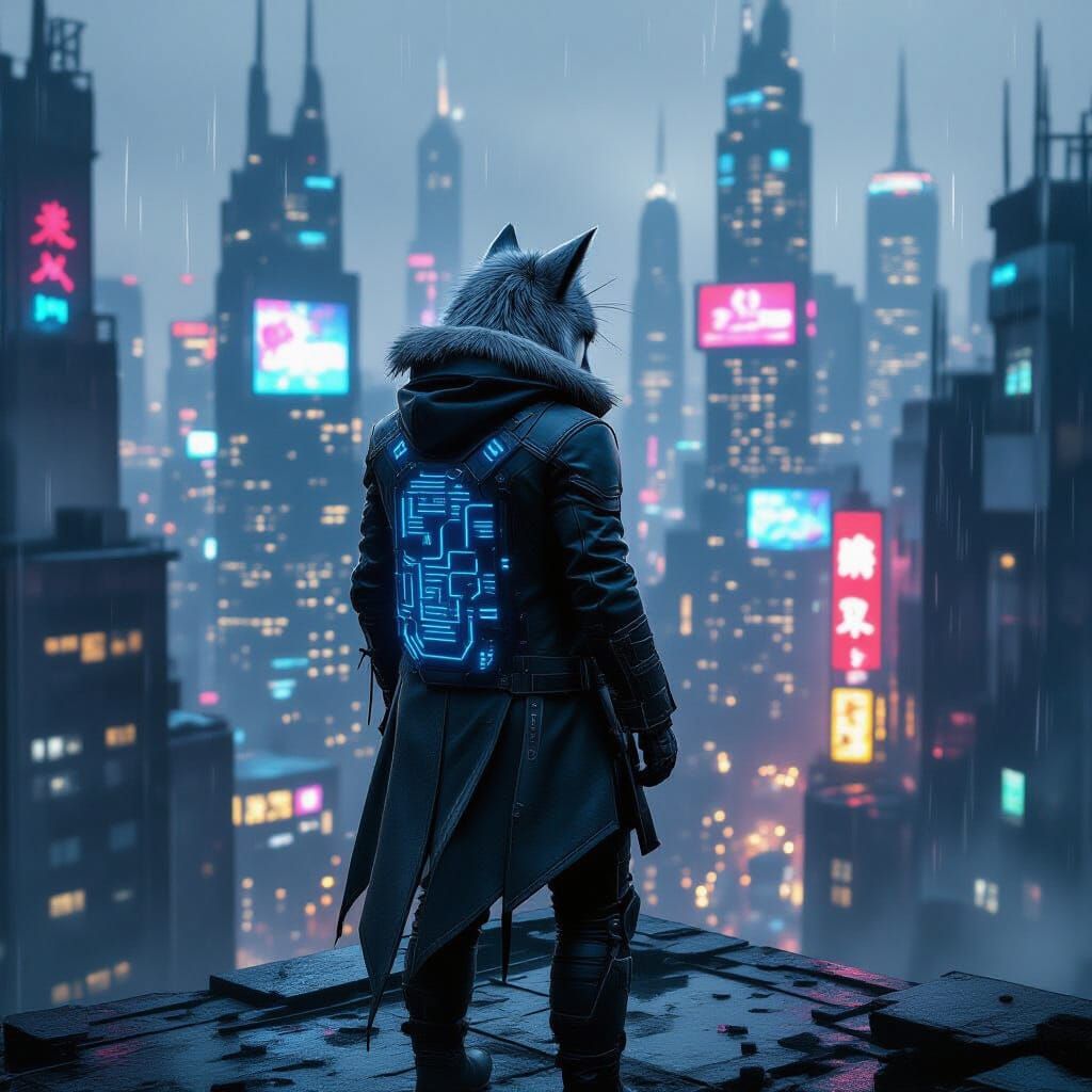Cyberpunk Lone Wolf Overlooking Dystopian City