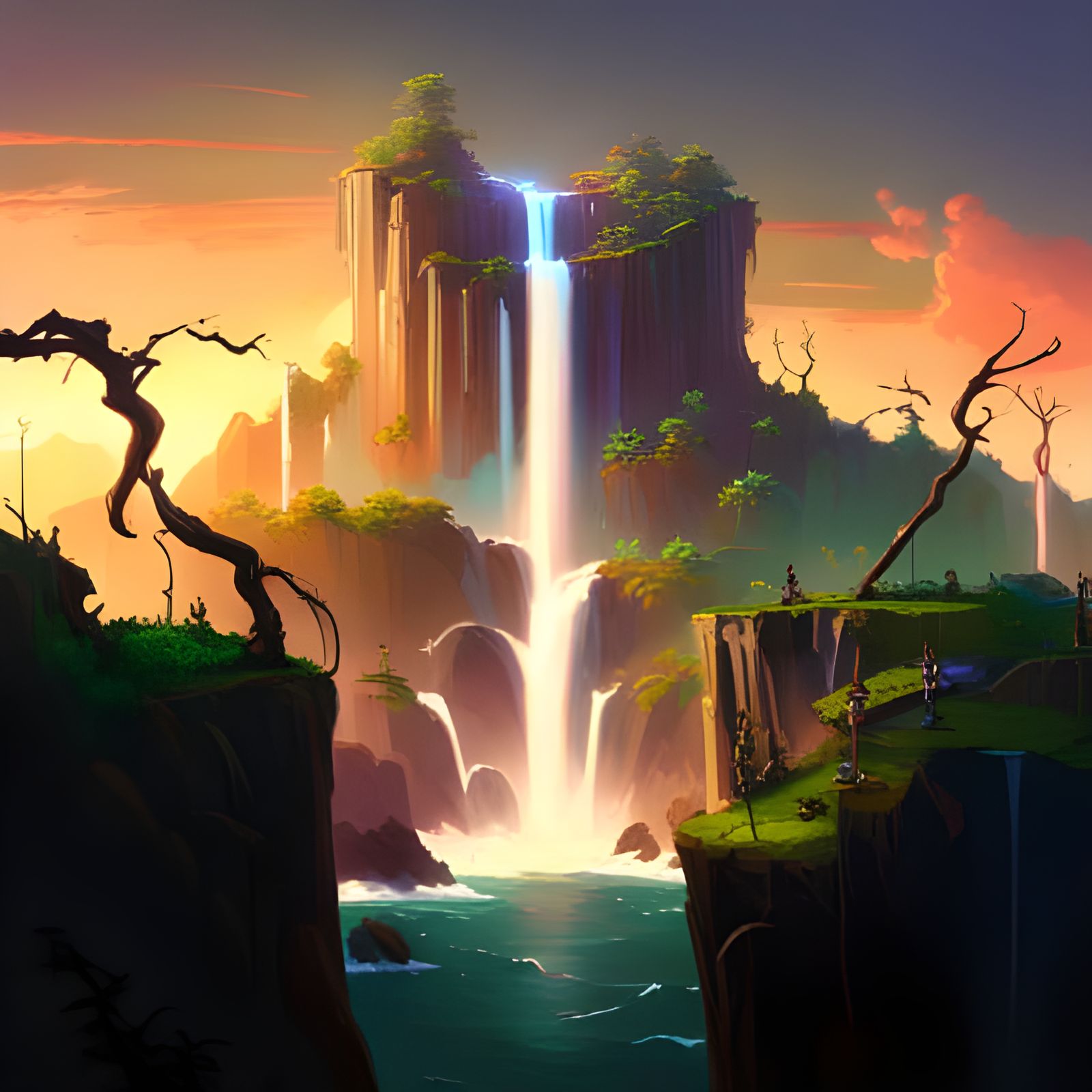 Fantasy Waterfall Island with Stained Glass, Digital Art