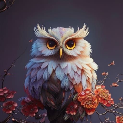 Detailed Chibi Owl with Red Flowers in Polychromatic Style