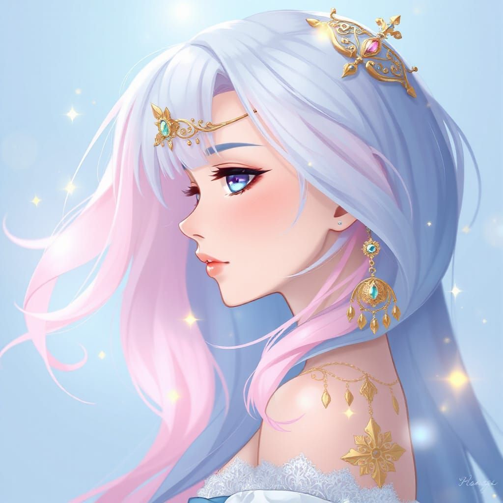 Regal Fantasy Princess with Pastel Hair in Golden Elegance