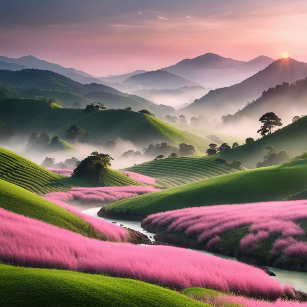 Misty Asian Landscape with Rolling Hills and Sunset
