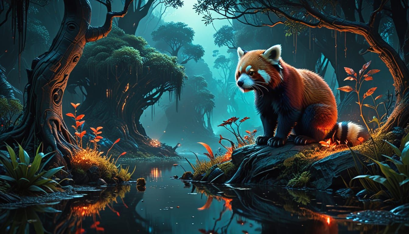 Biomechanical Red Pandas Fishing by Ethereal Pond