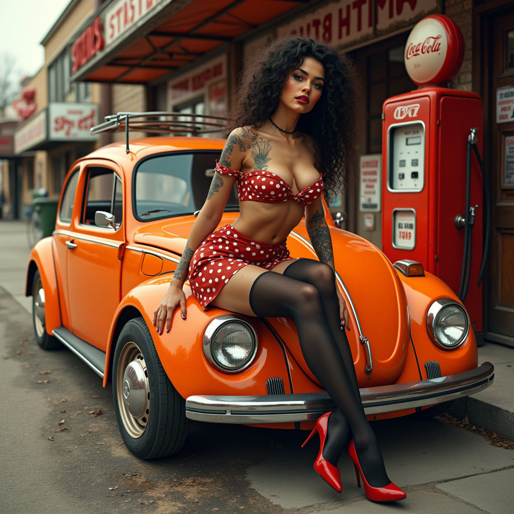 Pin-Up Girl on VW Beetle, Retro-Futuristic Style