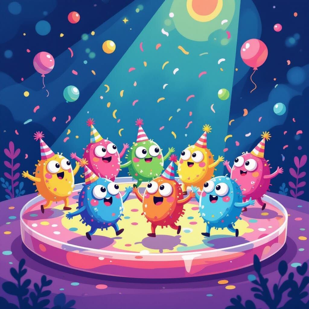Cheerful Microbes Dance Party on Glowing Petri Dish
