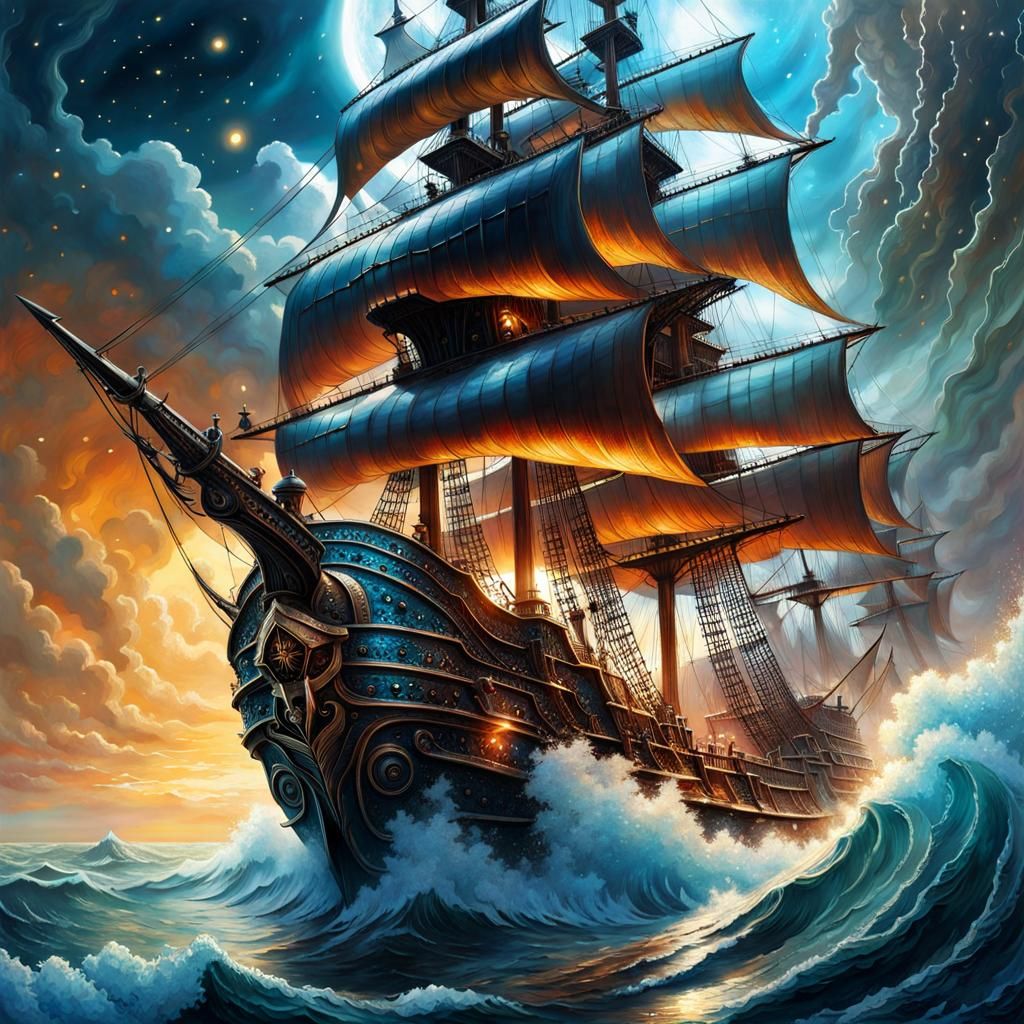 Whimsical Cosmic Pirate Ship in Hyperdetailed Fantasy Art