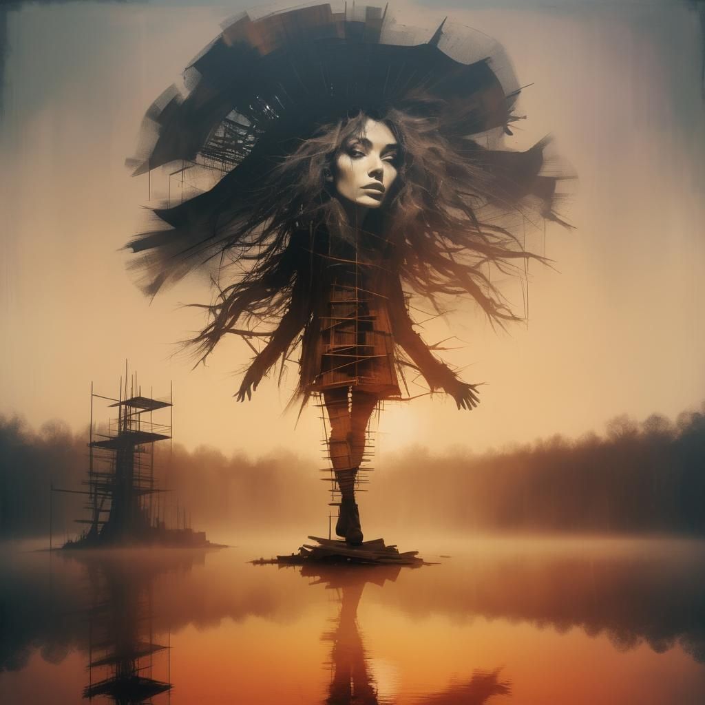 Bauhaus Style Woman in Mystical Wooden Scaffolding