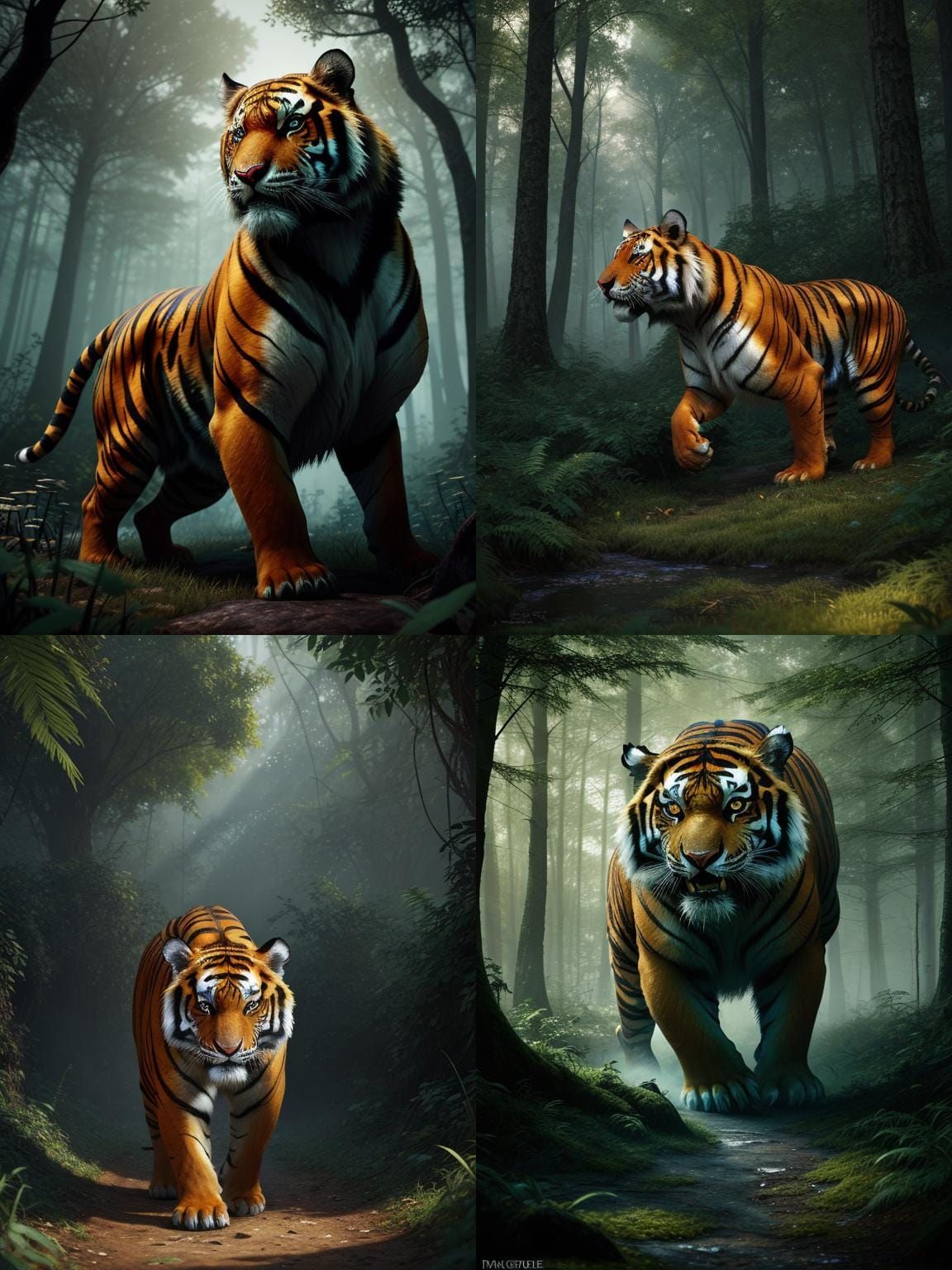 Fierce Tiger Roams Forest in Detailed Digital Painting
