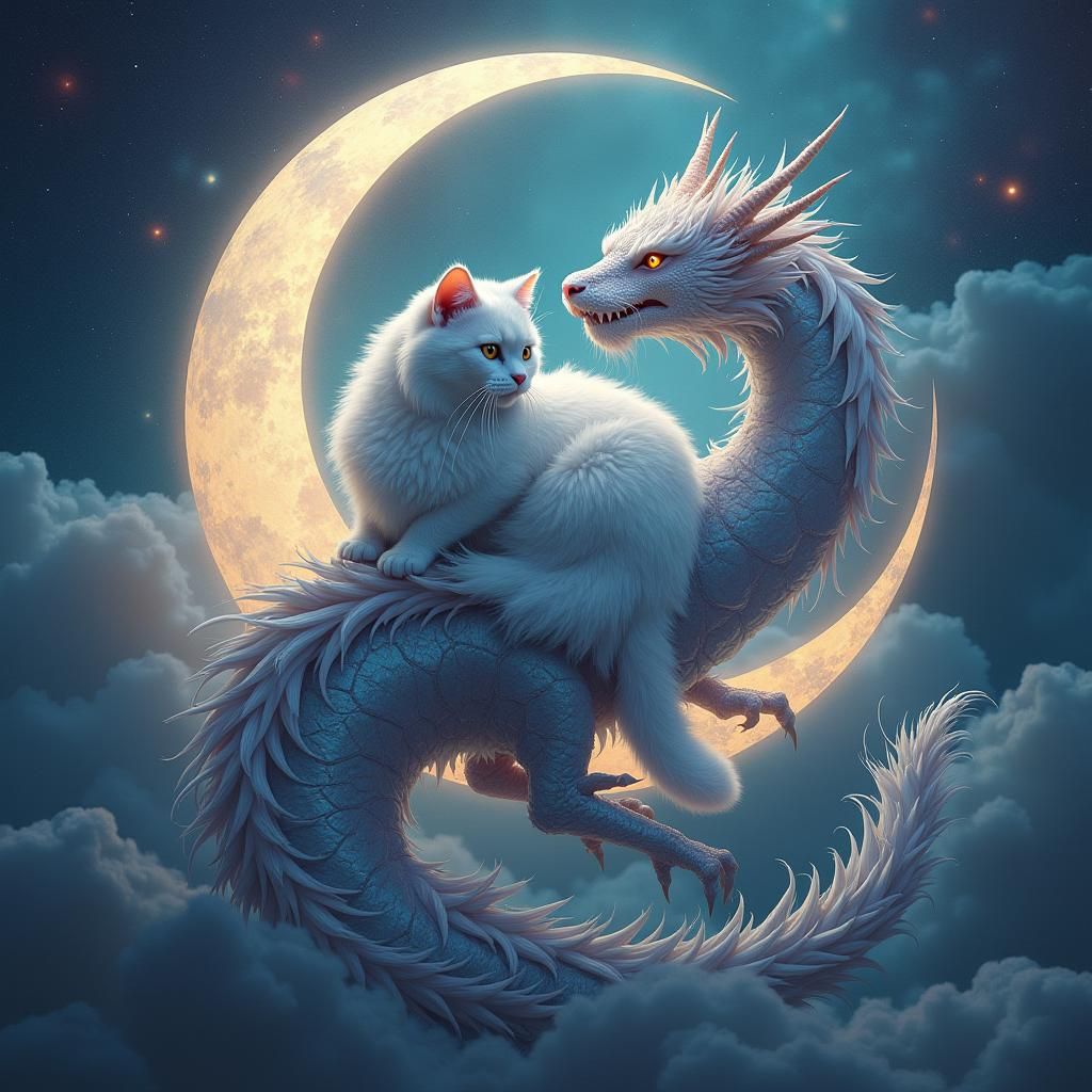 Dreamlike Cat on Dragon in Cosmic Sky