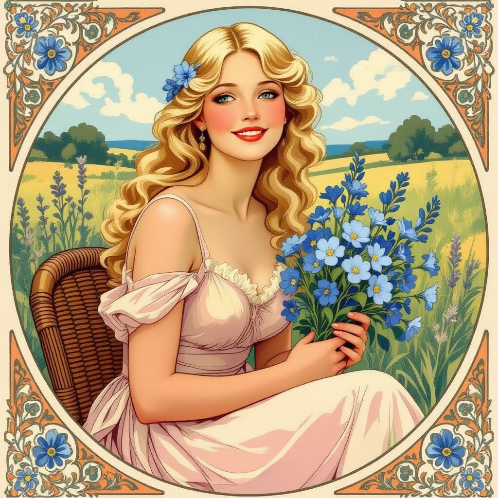Elegant Blonde with Flowers in Art Nouveau Style