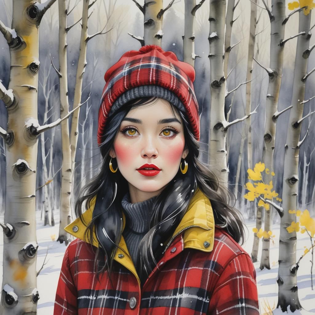 Woman in Winter Landscape as Sinister Watercolor