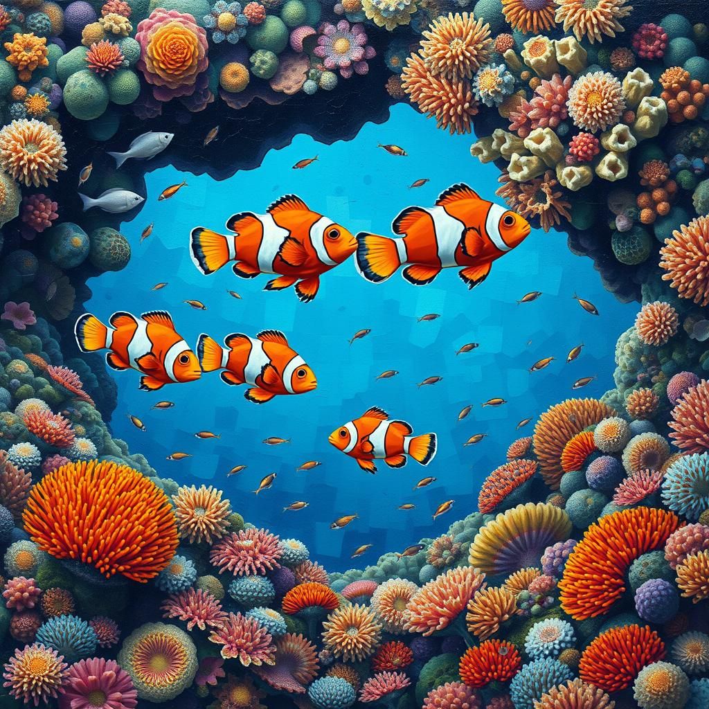 Clownfish in Coral Reef: Klimt-inspired Mosaic