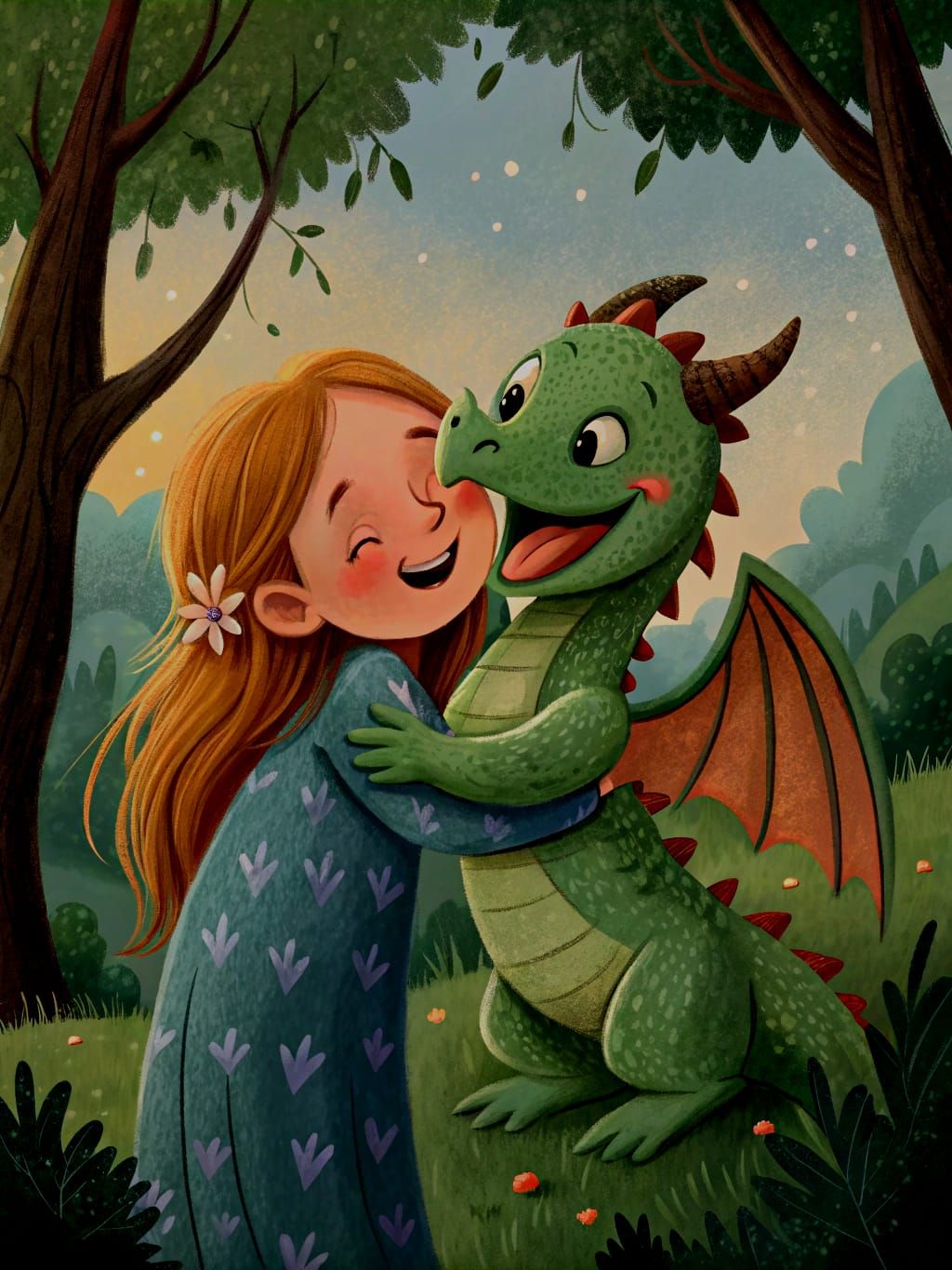 Girl Hugs Happy Baby Dragon