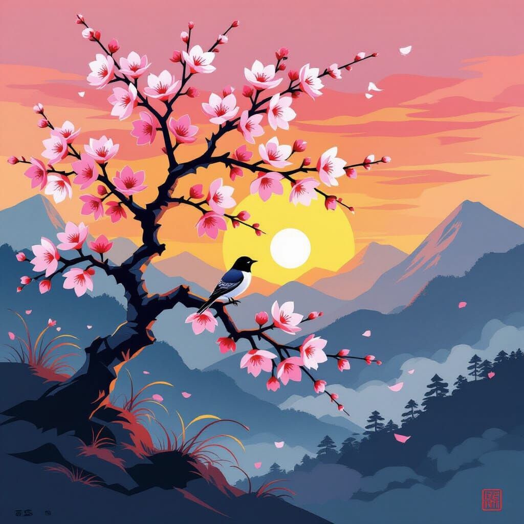 Abstract Cherry Blossom Sunset with Bird in Japanese Style
