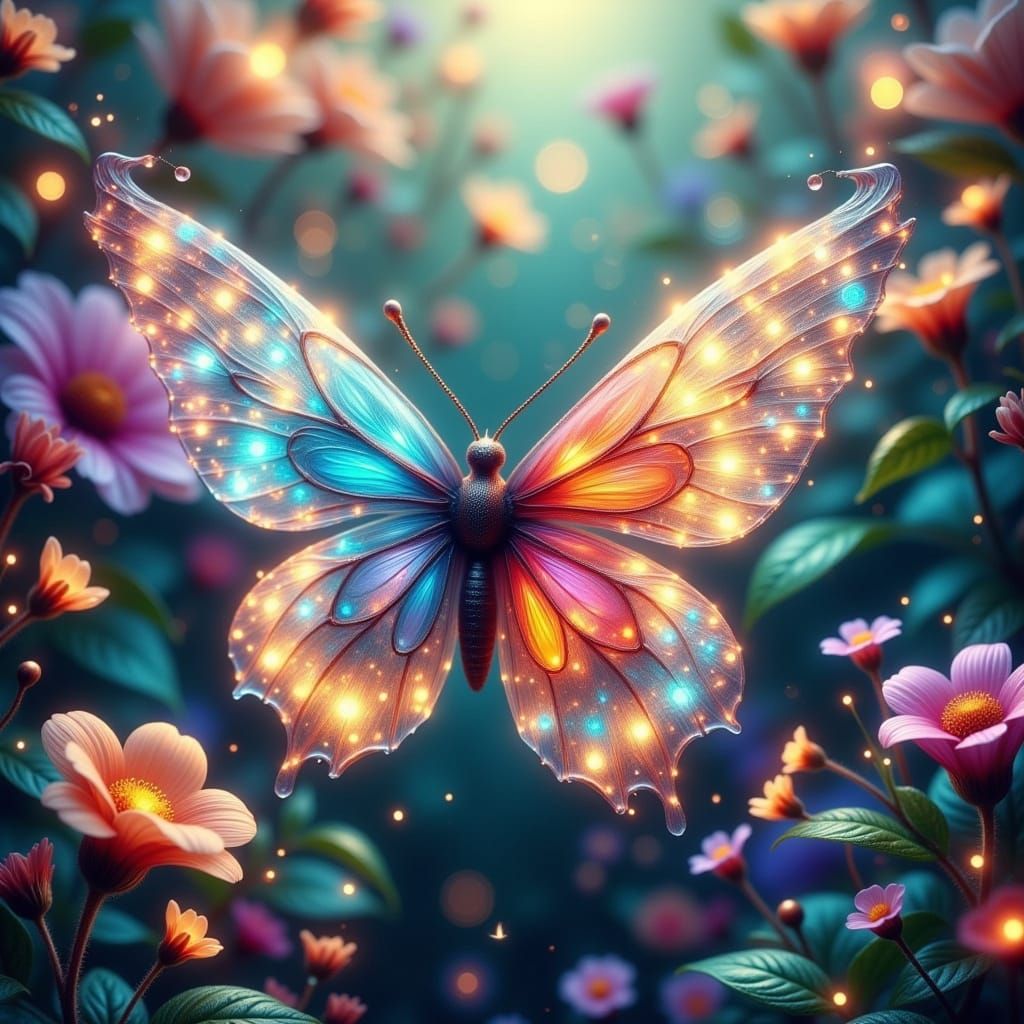 Butterfly in Whimsical Garden: Surreal Digital Art