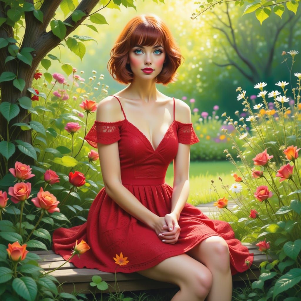 Woman on Garden Bench in Whimsical Watercolor Style