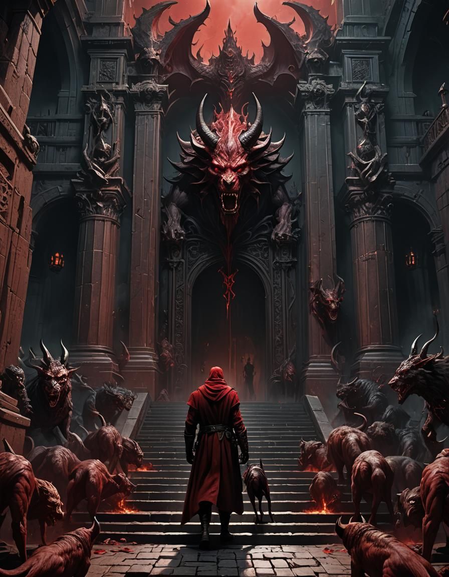 Devil Guards Underworld Gate with Cerberus