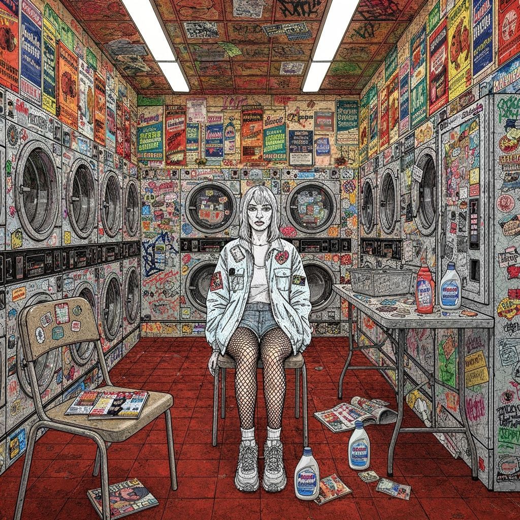 Neon Isometric Portrait of Woman in Detailed Laundromat