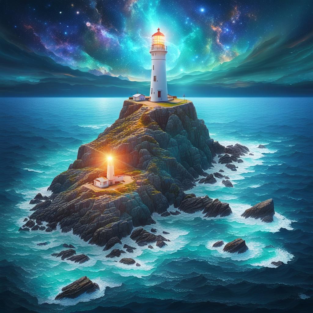 Lighthouse on Rocky Coast: Holographic Astral Illustration