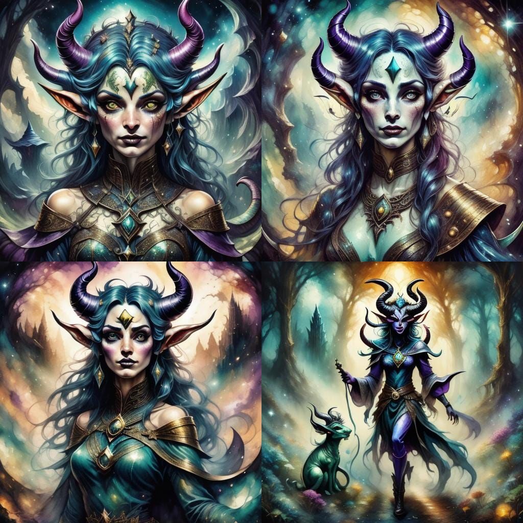 Tiefling Sorceress in Alcohol Ink Style