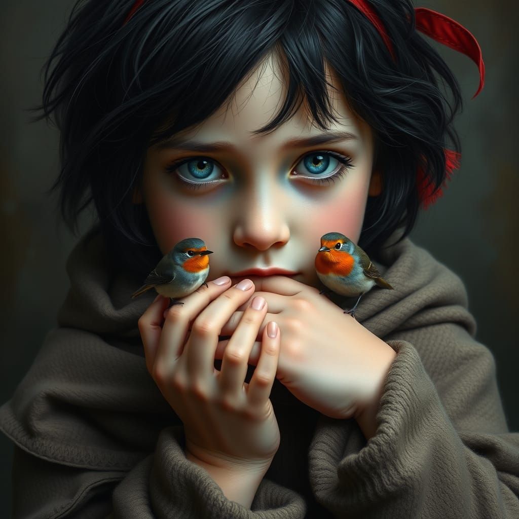 Ethereal Girl With Birds in Classical Oil Painting Style