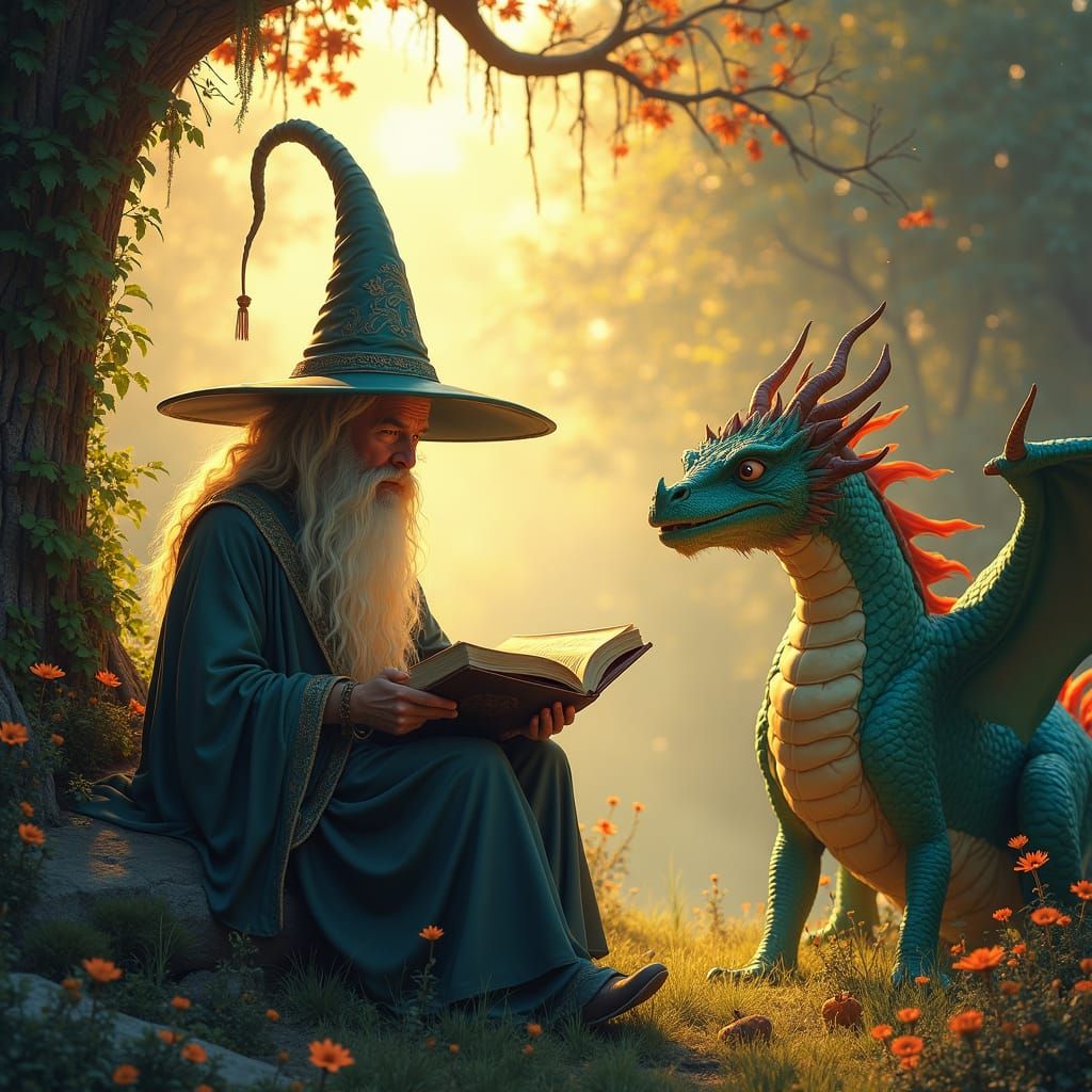 Wizard and Dragon in an Enchanted Forest