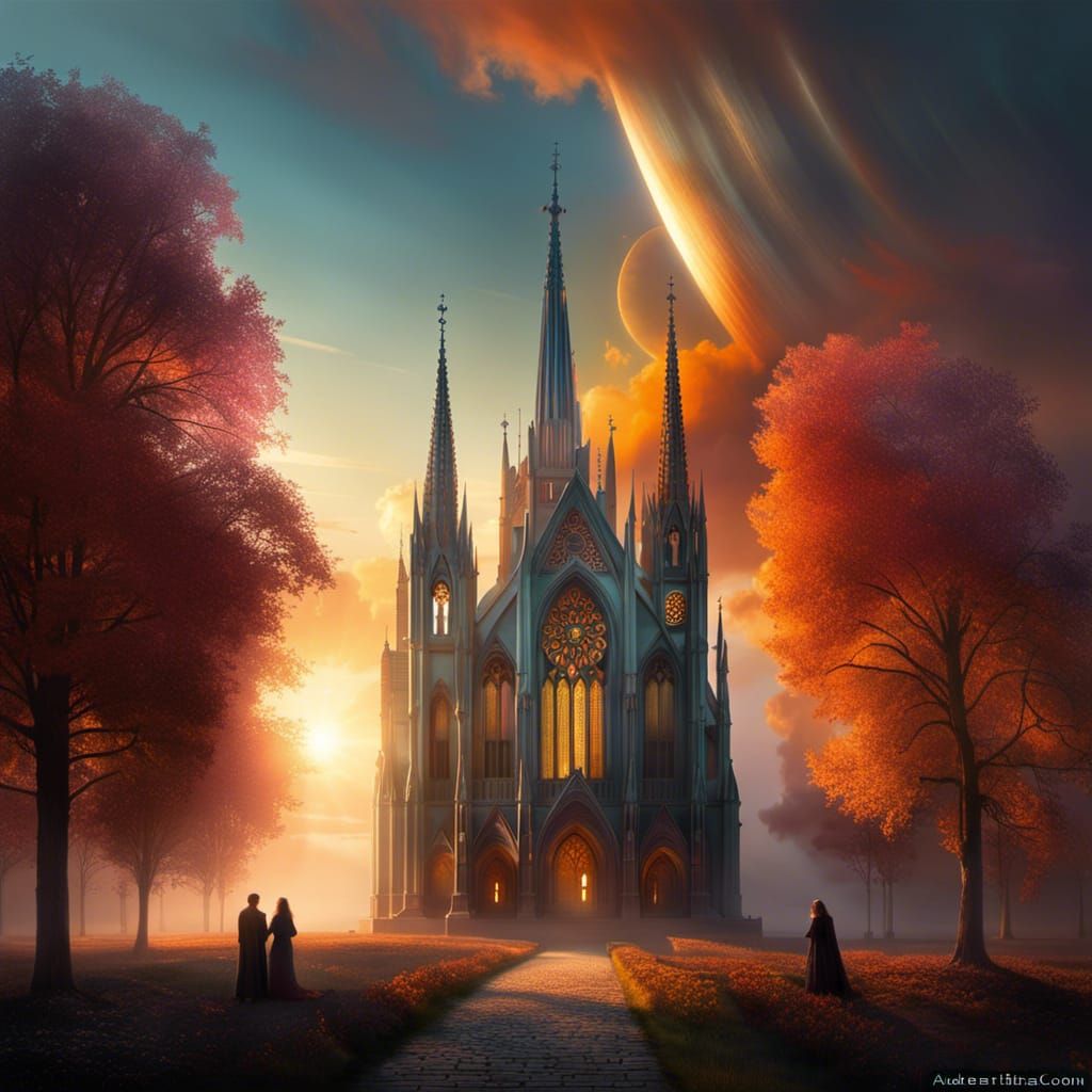 Golden Hour at Gothic Cathedral: Digital Masterpiece