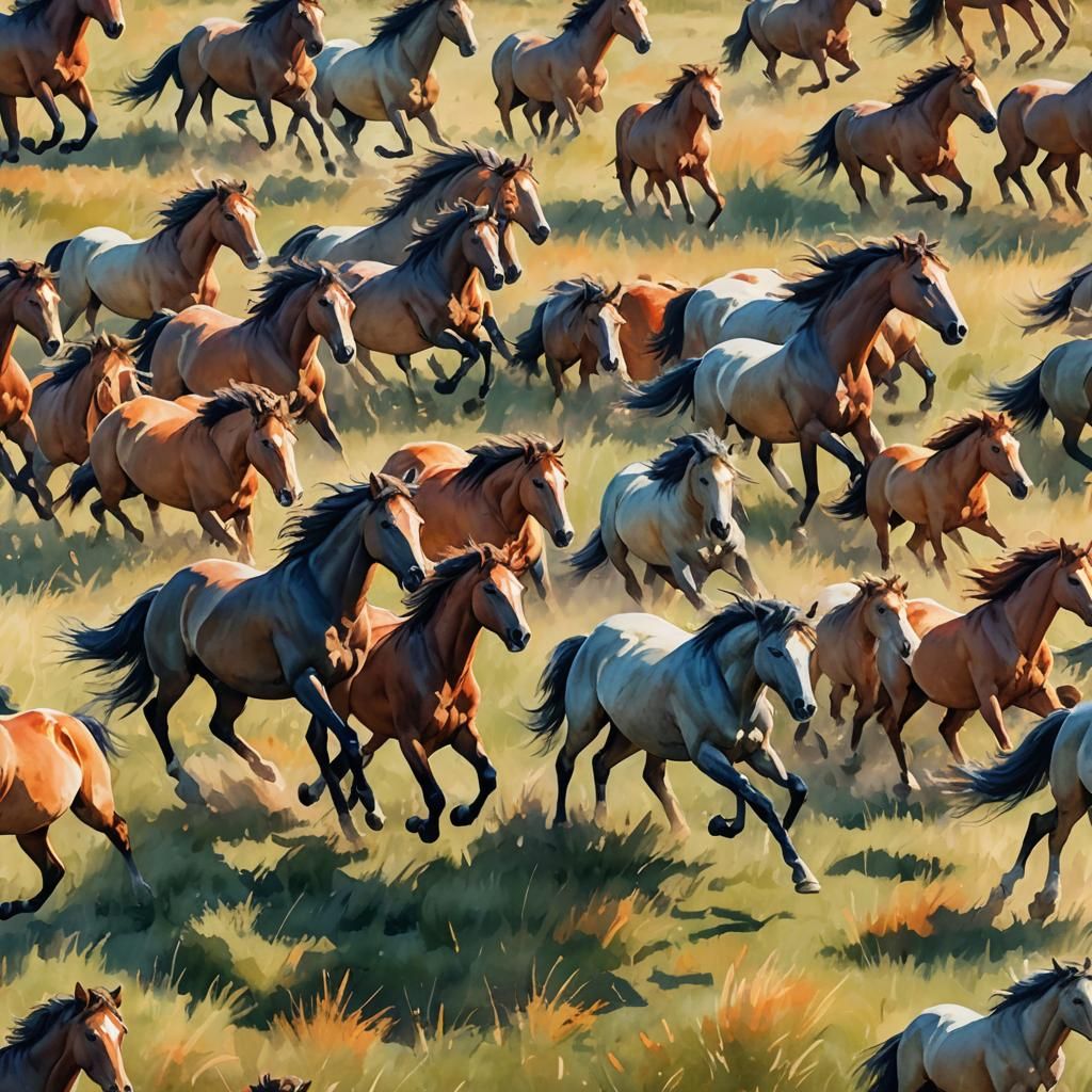 Wild Horses Gallop in Watercolor Landscape