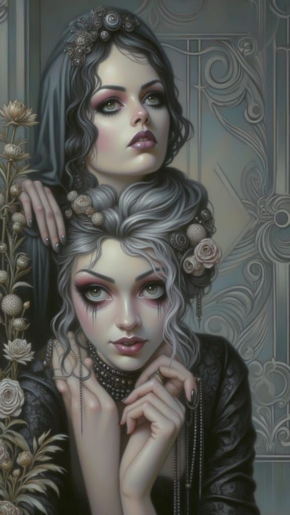 Gothic Women in Mirror with Triangular Patterns