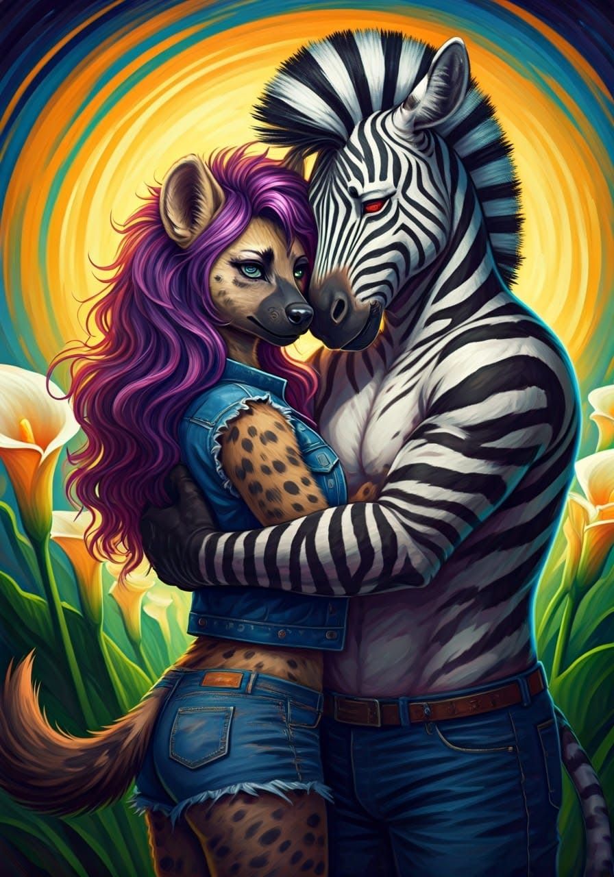 Anthropomorphic Hyena and Zebra in a Vibrant Floral Embrace