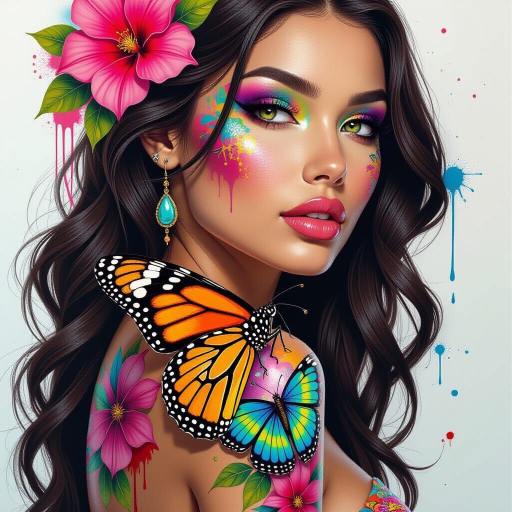 Woman With Butterfly Body Paint Tattoo in Graffiti Style