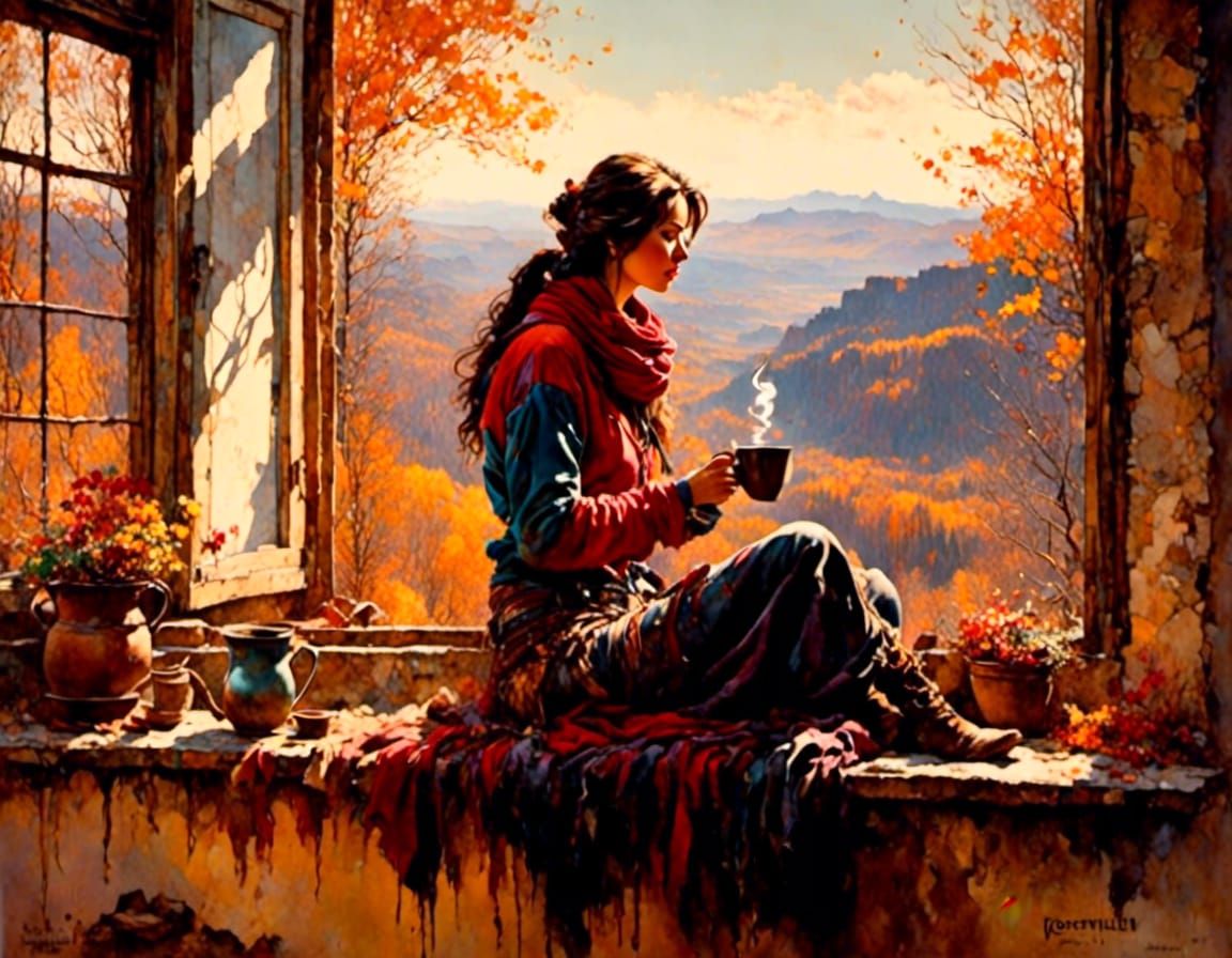 Lady with Coffee on Autumn Morning